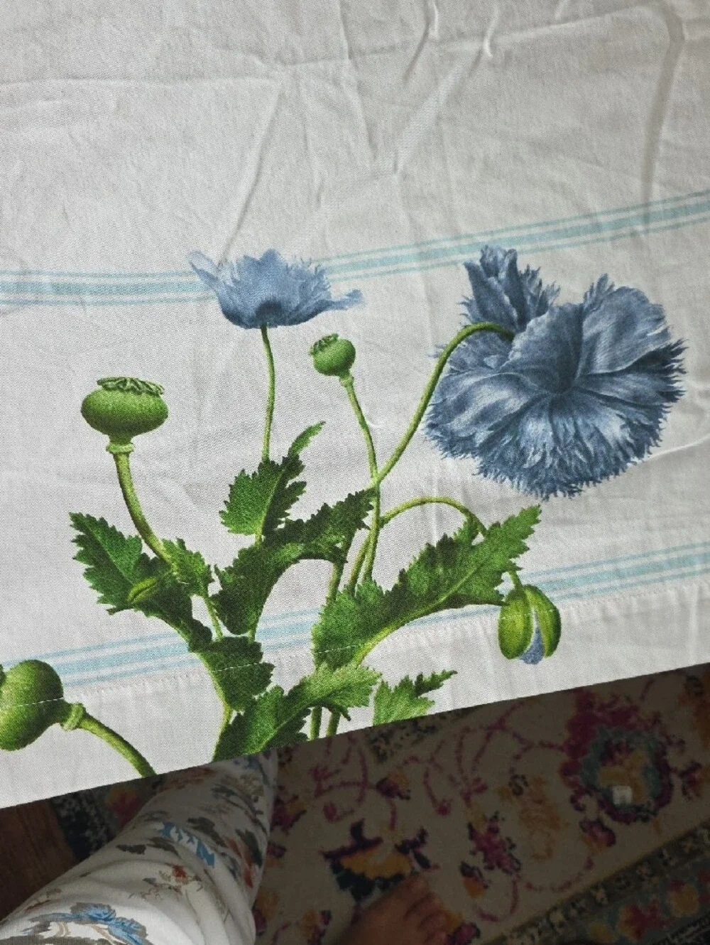 Williams-Sonoma Cotton Tablecloth with Green and Blue Floral Details